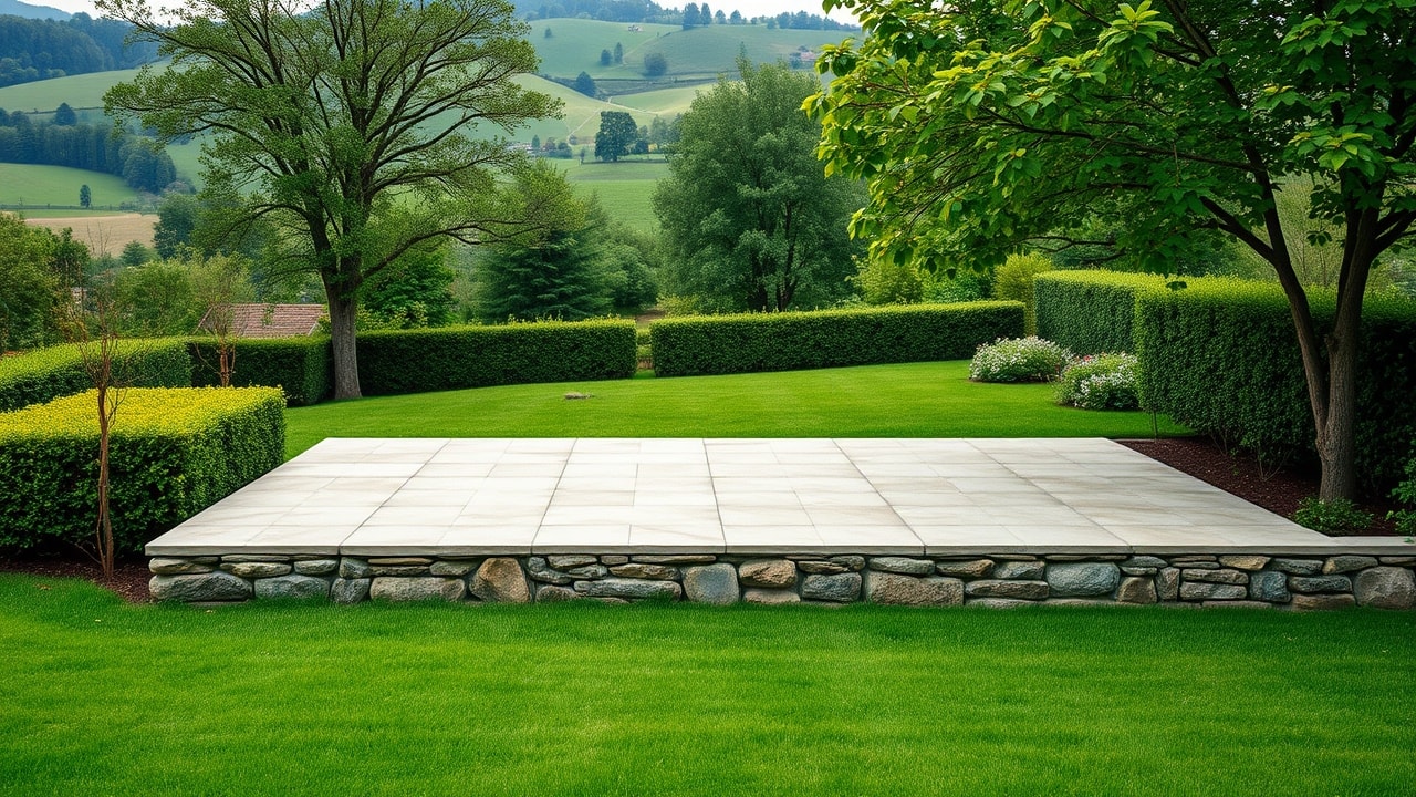 Terrasse béton et muret en pierre dans un jardin auvergnat