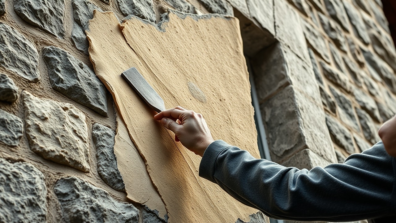 Application d'un enduit à la chaux sur une façade en pierre, Puy-de-Dôme