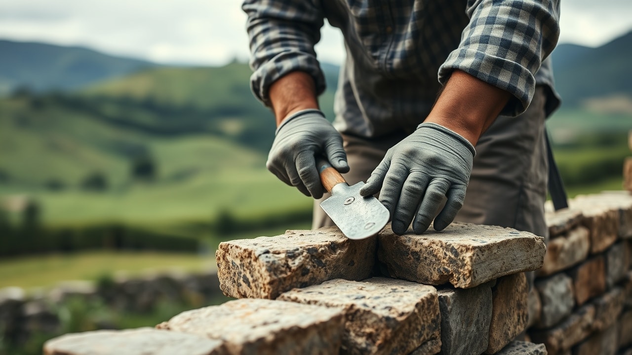 Maçon montant un mur sur un chantier en Auvergne, près de Clermont-Ferrand